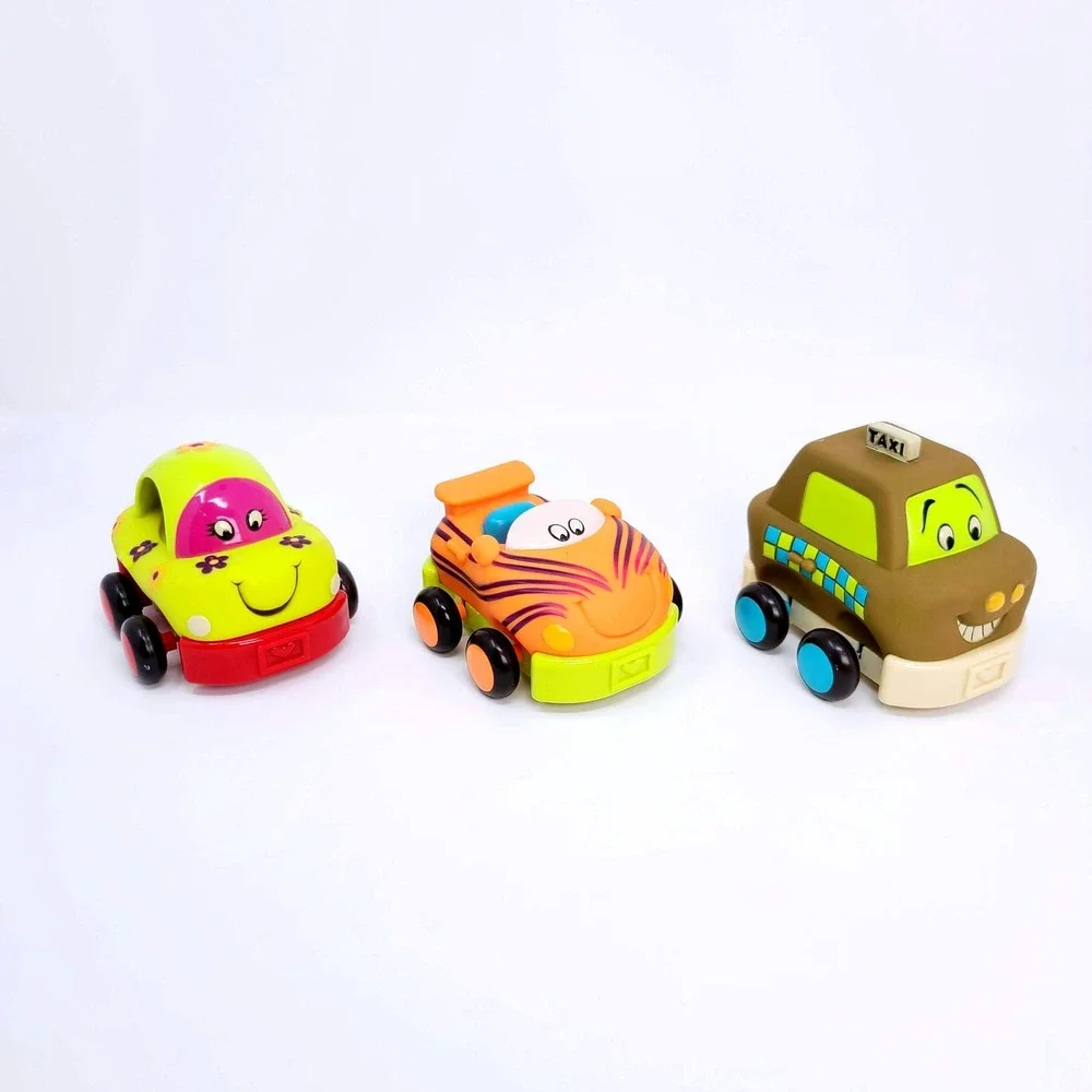 VALUE BUNDLE: 3 B. Toys‎ Pull Back Toy Cars Kids Toddler Soft Squeaker Bells Lot